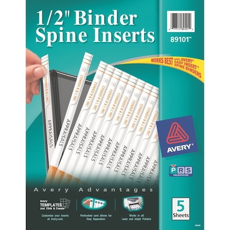 Avery Binder Spine Inserts, 1/2" Capacity, 80/PK, White 80PK AVE89101